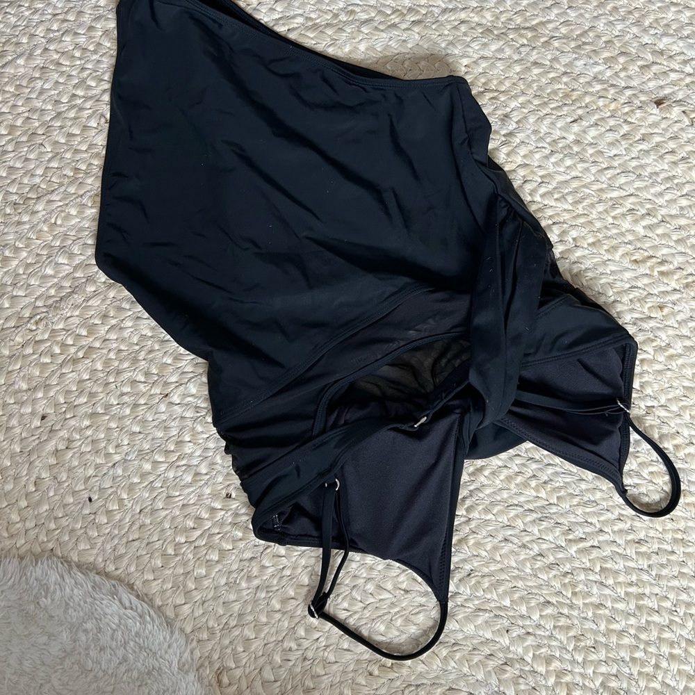 Cupshe Black solid cheeky one piece swim suit bathing adjustable M mesh - Picture 6 of 7
